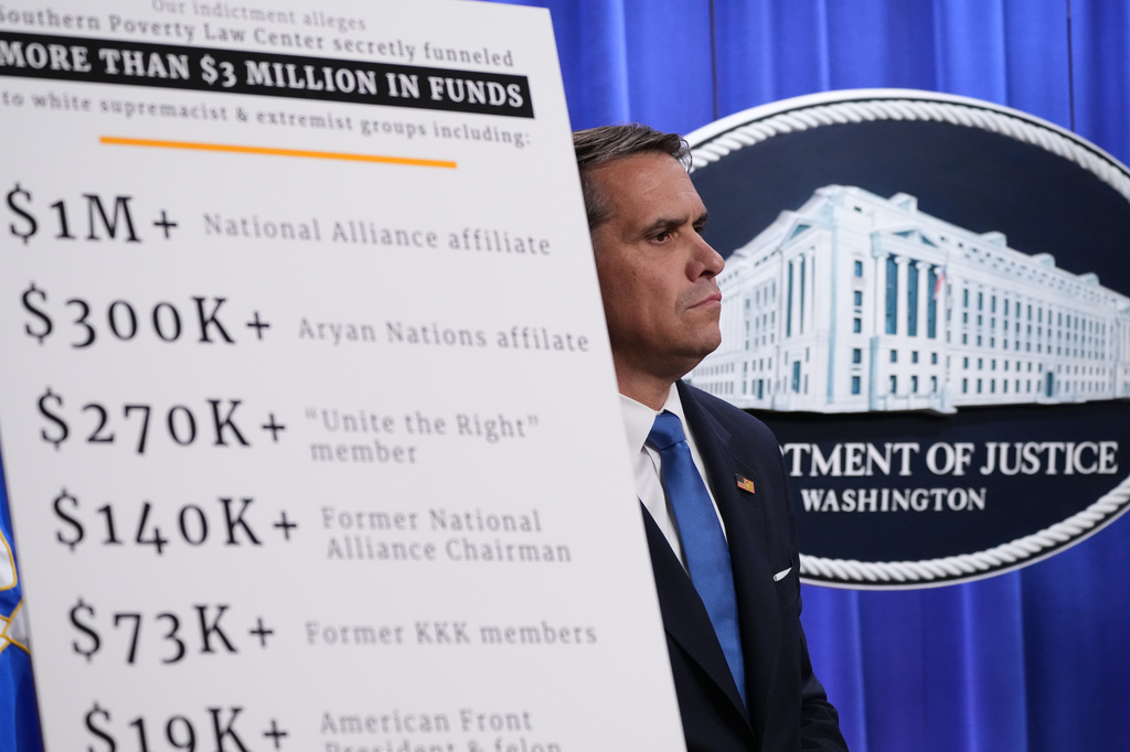 Acting Attorney General Todd Blanche listens during a news conference at the Justice Department, Tuesday, April 21, 2026, in Washington. (AP Photo/Jacquelyn Martin)