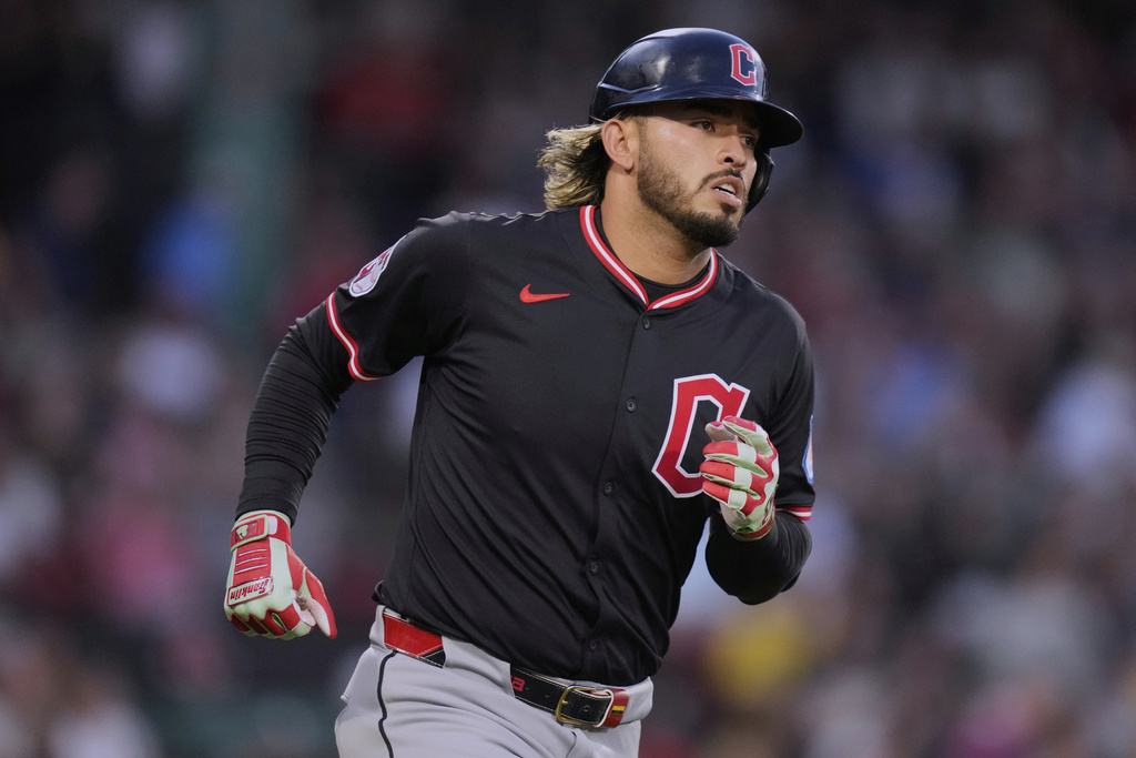 Cleveland Guardians' Gabriel Arias heads down the first base line on his two-run home run in the second inning of a baseball game against the Boston Red Sox at Fenway Park, Wednesday, Sept. 3, 2025, in Boston. (AP Photo/Charles Krupa)