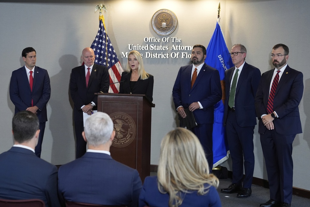 Attorney General Pam Bondi speaks during a human smuggling news conference Thursday Sept. 4, 2025, in Tampa, Fla. (AP Photo/Chris O'Meara)