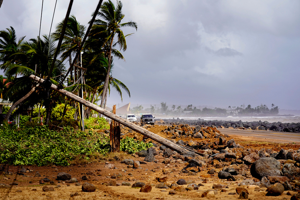 Damage caused by Hurricane Lowell is seen on Tuesday, Sept. 8, 2026 in Poʻipū on Kauaʻi's south shore, in Hawaii. (Kevin Fujii/Honolulu Civil Beat via AP)