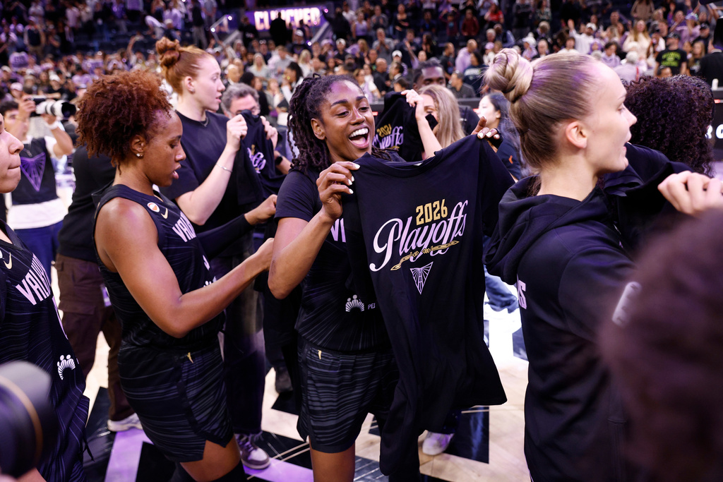 Golden State Valkyries guard Tiffany Hayes (15) celebrates following a WNBA basketball game against the Dallas Wings in San Francisco, Monday, Aug. 17, 2026. (Santiago Mejia/San Francisco Chronicle via AP)