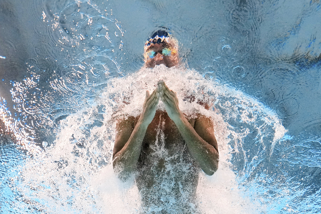 Leo Nzimbi of Central African Republic competes in the men's 50-meter breaststroke heats at the World Aquatics Championships in Singapore, Tuesday, July 29, 2025. (AP Photo/Lee Jin-man)