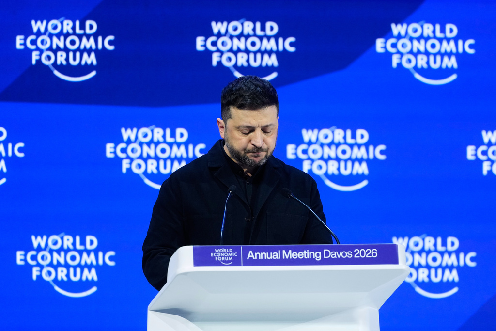 Ukraine's President Volodymyr Zelenskyy delivers a speech at the Annual Meeting of the World Economic Forum in Davos, Switzerland, Thursday, Jan. 22, 2026. (AP Photo/Markus Schreiber)