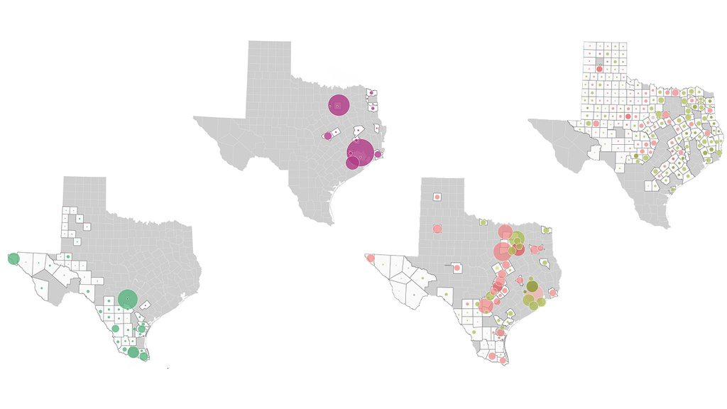This graphic includes small multiple symbol maps showing the vote share for Republican U.S. Senate candidates John Cornyn and Ken Paxton as well as for Democratic U.S. Senate candidates James Talarico and Jasmine Crockett, helping to show where these candidates drew support from in the March 3 primary. (AP Digital Embed)