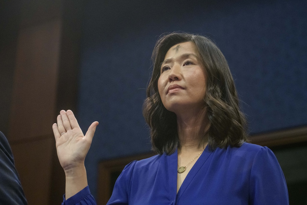 FILE - Boston Mayor Michelle Wu, is sworn in during a House Committee on Oversight and Government Reform hearing with Sanctuary City Mayors on Capitol Hill, March 5, 2025, in Washington. (AP Photo/Rod Lamkey, Jr., File)