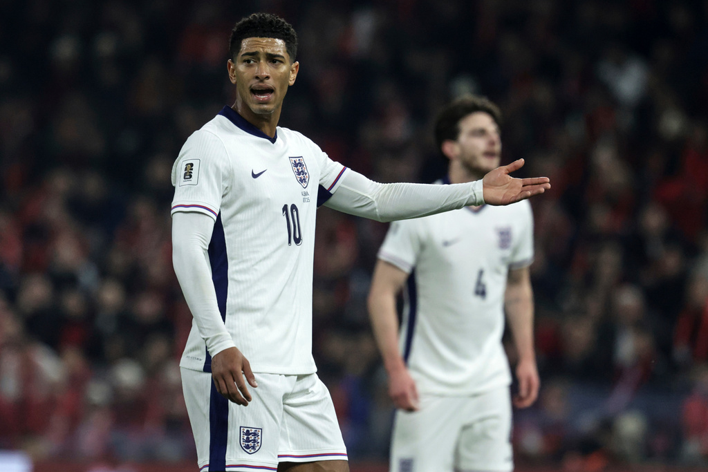 England's Jude Bellingham reacts during the World Cup 2026 group K qualifying soccer match between Albania and England, in Tirana, Albania, Sunday, Nov. 16, 2025.(AP Photo/Vlasov Sulaj)