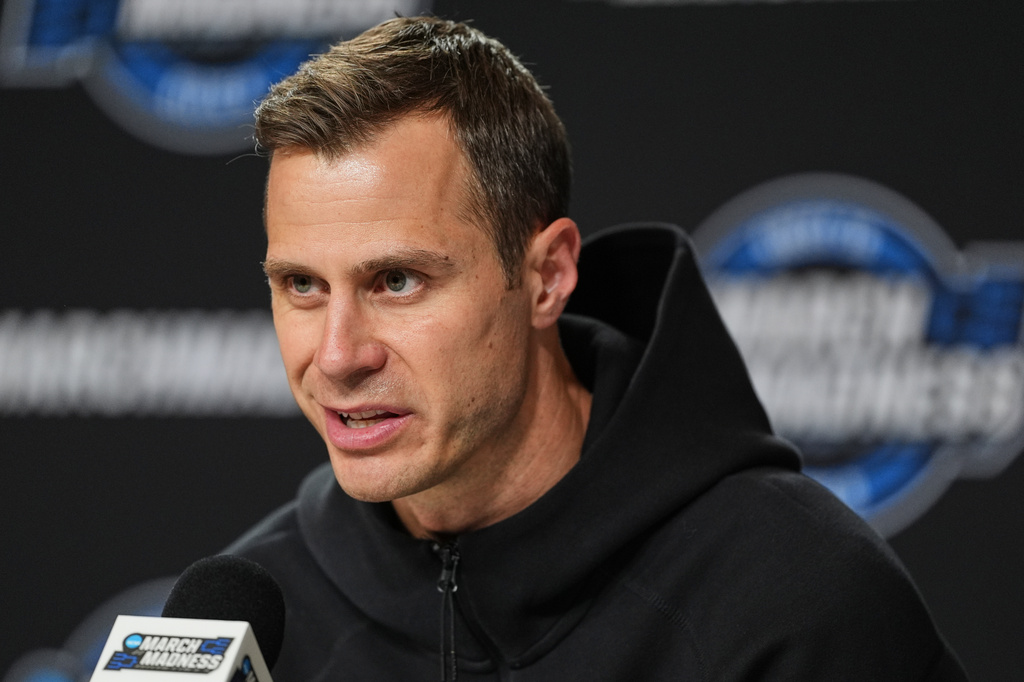 Duke head coach Jon Scheyer speaks during a press conference ahead of a game against UConn in the Elite Eight of the NCAA college basketball tournament Saturday, March 28, 2026, in Washington. (AP Photo/Abbie Parr)