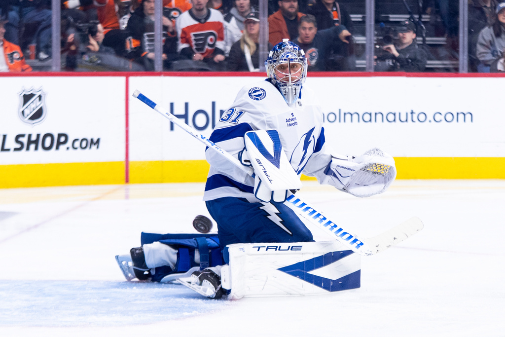Tampa Bay Lightning's Jonas Johansson makes the save during the second period of an NHL hockey game against the Philadelphia Flyers, Monday, Jan. 12, 2026, in Philadelphia. (AP Photo/Chris Szagola)