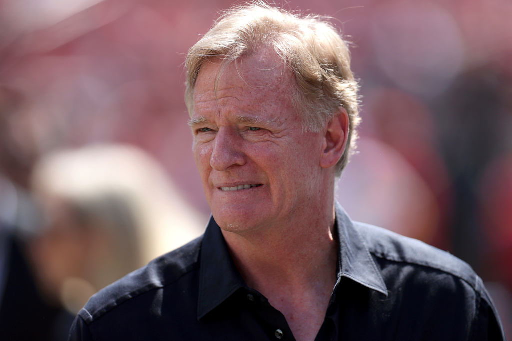 FILE - NFL Commissioner Roger Goodell walks on the sideline during an NFL football game between the San Francisco 49ers and the Arizona Cardinals, Sunday, Sept. 21, 2025, in Santa Clara, Calif. (AP Photo/Scot Tucker, File)