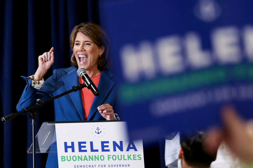 FILE - Candidate for Rhode Island governor Helena Buonanno Foulkes speaks during a Get Out the Vote event, Aug. 30, 2026, in Providence, R.I. (AP Photo/Mark Stockwell, File)