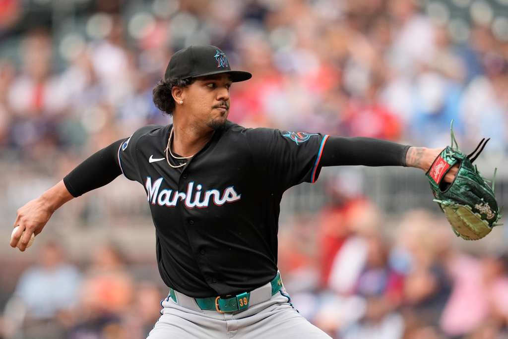 Miami Marlins pitcher Eury Pérez (39) delivers in the first inning of a baseball game against the Atlanta Braves, Wednesday, Aug. 5, 2026, in Atlanta. (AP Photo/Mike Stewart)