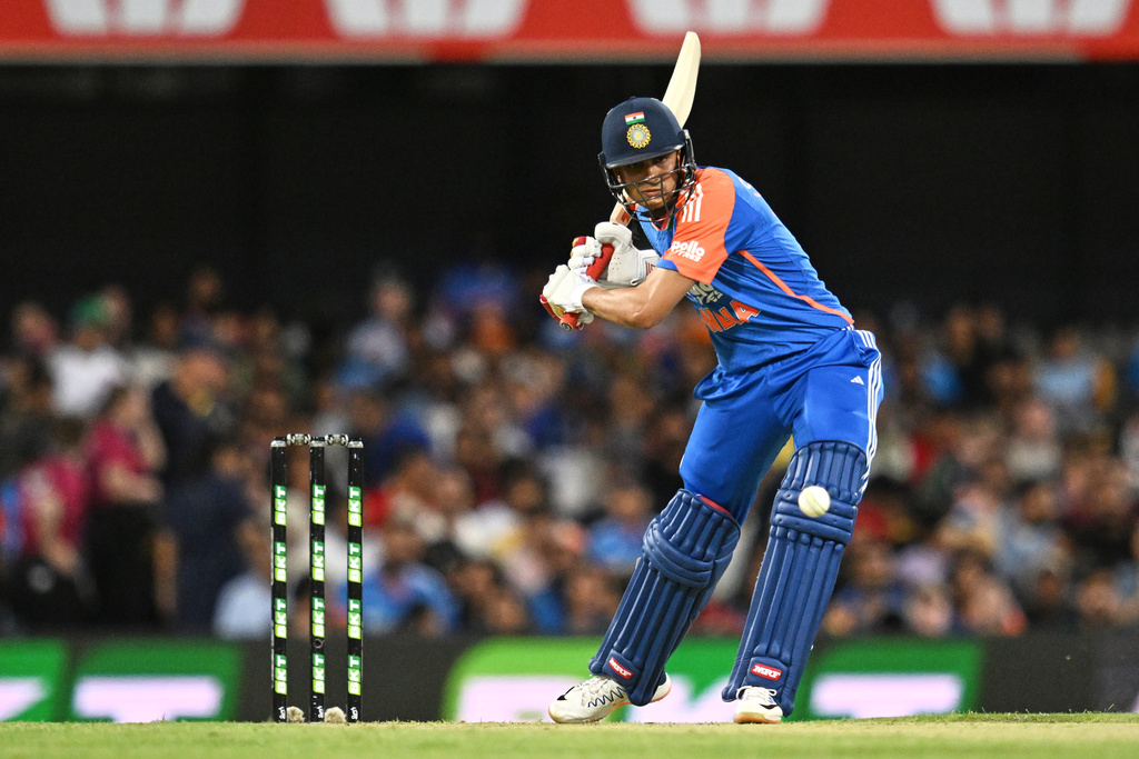 Shubman Gill of India bats during a T20 cricket international between India and Australia in Brisbane, Australia, Saturday, Nov.8, 2025. (Darren England/AAPImage via AP)
