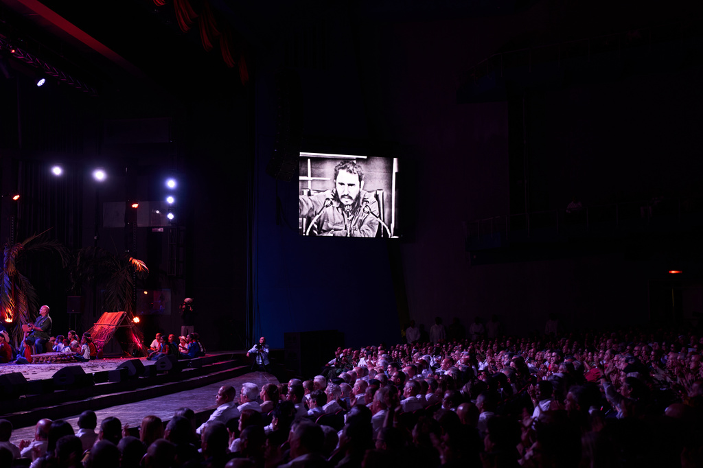 An image of Fidel Castro is displayed on a large screen during a gala commemorating the 100th anniversary of his birth at the Karl Marx theater in Havana, Cuba, Thursday, Aug. 13, 2026. (AP Photo/Ramon Espinosa)