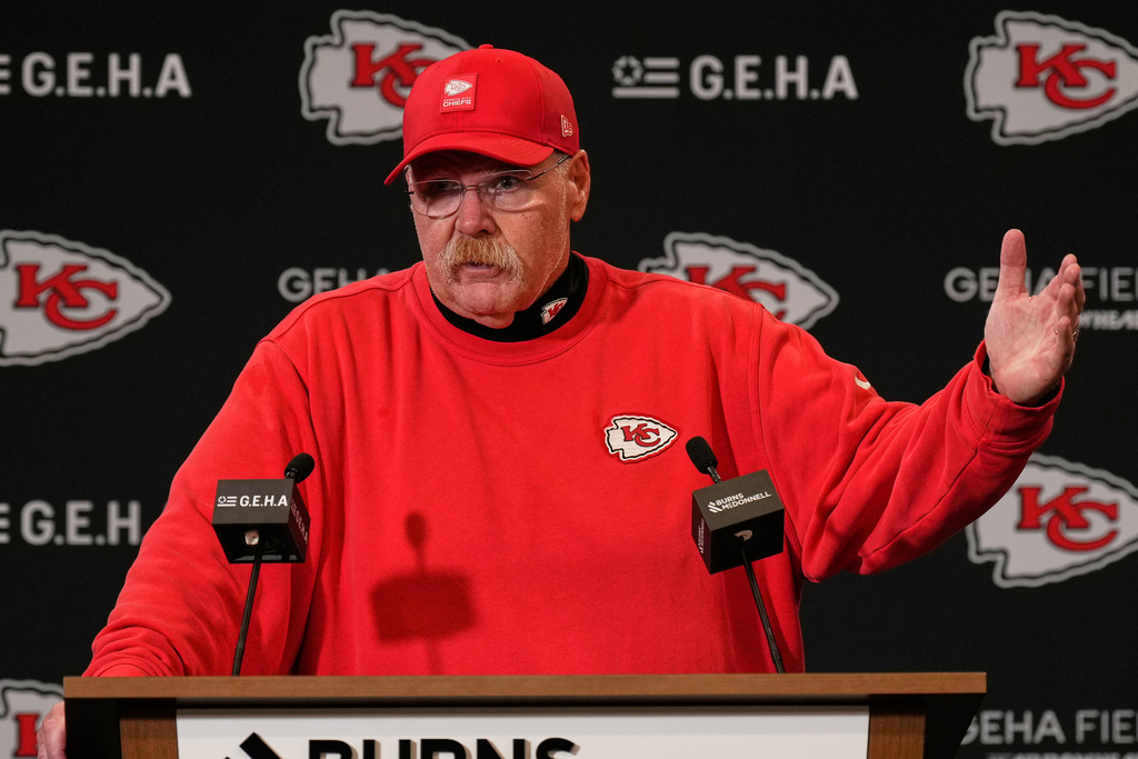 Kansas City Chiefs head coach Andy Reid speaks during a news conference following an NFL football game against the Washington Commanders Monday, Oct. 27, 2025, in Kansas City, Mo. (AP Photo/Charlie Riedel)