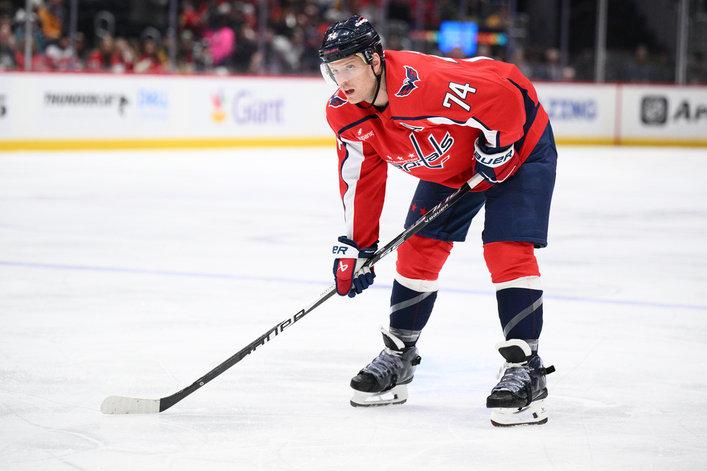 FILE -Washington Capitals defenseman John Carlson (74) in action during the first period of an NHL hockey game against the Nashville Predators, Feb. 5, 2026, in Washington. (AP Photo/Nick Wass, File)