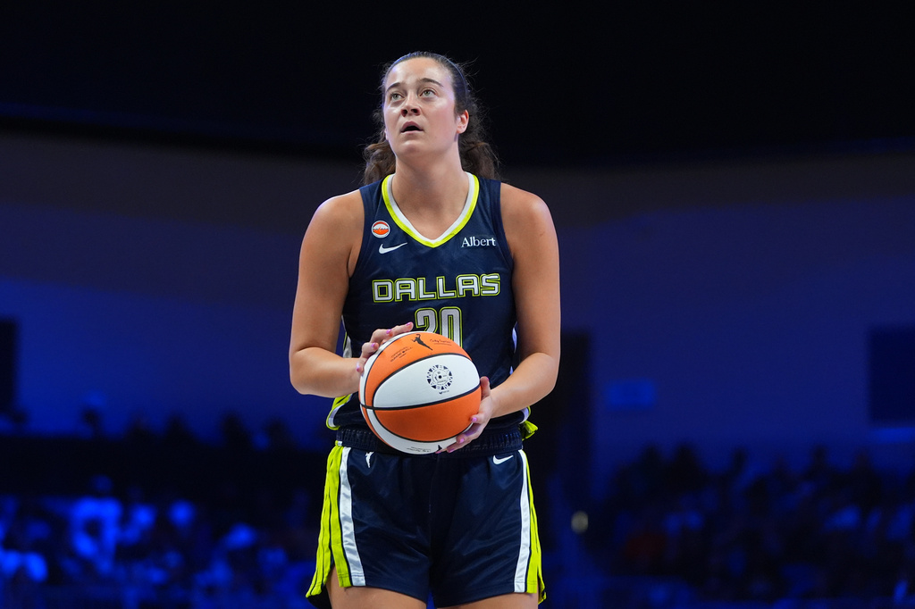 Dallas Wings forward Maddy Siegrist lines up to shoot a free throw during the first half of a WNBA basketball game against the Minnesota Lynx in Arlington, Texas, Sunday, June 28, 2026. (AP Photo/LM Otero)