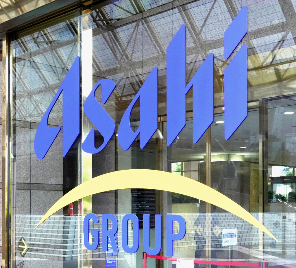 This photo shows the logo of Asahi Group Holdings in Tokyo Friday, Oct. 3, 2025. (Katsuya Miyagawa/Kyodo News via AP)