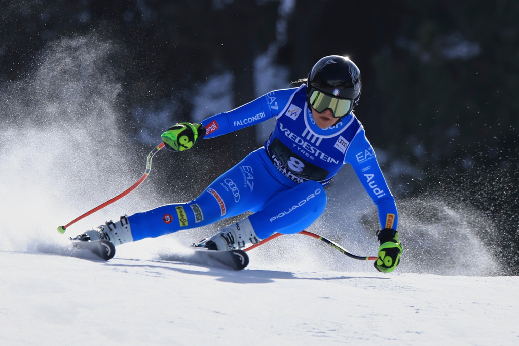 Italy's Laura Pirovano speeds down the course during an alpine ski, women's World Cup downhill, in Val di Fassa, Italy, Friday, March 6, 2026. (AP Photo/Luciano Bisi) CORRECTION: Date corrected to March 6, instead of February 27.