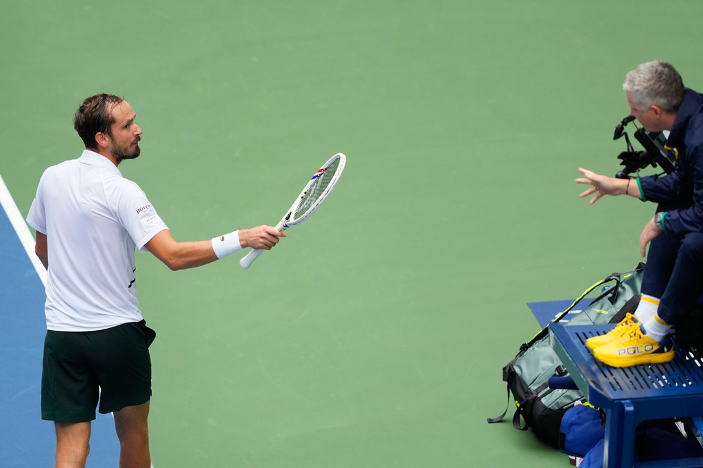 Daniil Medvedev, of Russia, left, talks with the official during the second round of the U.S. Open tennis championships against Sebastian Gorzny, of the United States, Wednesday, Sept. 2, 2026, in New York. (AP Photo/Yuki Iwamura)