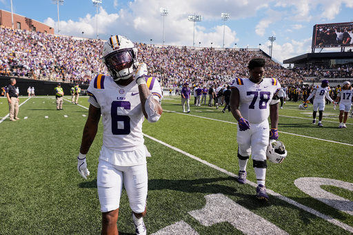 LSU wide receiver Barion Brown (6) and offensive lineman Coen Echols (78) walk off the field after the team's loos in an NCAA college football game against Vanderbilt, Saturday, Oct. 18, 2025, in Nashville, Tenn. (AP Photo/George Walker IV) LSU wide receiver Barion Brown (6) and offensive lineman Coen Echols (78) walk off the field after the team's loos in an NCAA college football game against Vanderbilt, Saturday, Oct. 18, 2025, in Nashville, Tenn. (AP Photo/George Walker IV)