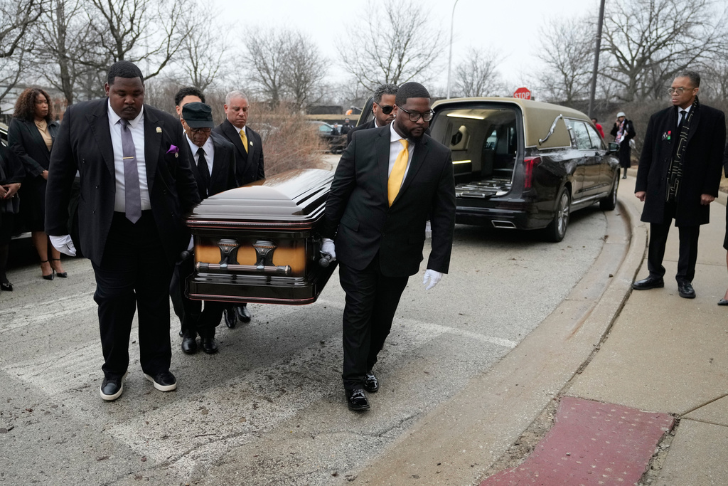 The casket with the Rev. Jesse Jackson arrives for the Public Homegoing Service at the House of Hope in Chicago, Friday, March 6, 2026. (AP Photo/Nam Y. Huh)