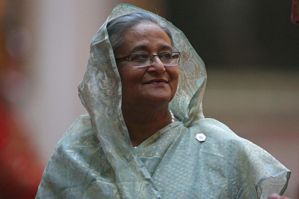 FILE - Bangladesh Prime Minister Sheikh Hasina arrives to attend The Queen's Dinner during the Commonwealth Heads of Government Meeting (CHOGM) at Buckingham Palace in London on April 19, 2018. (Daniel Leal-Olivas/Pool Photo via AP, File)