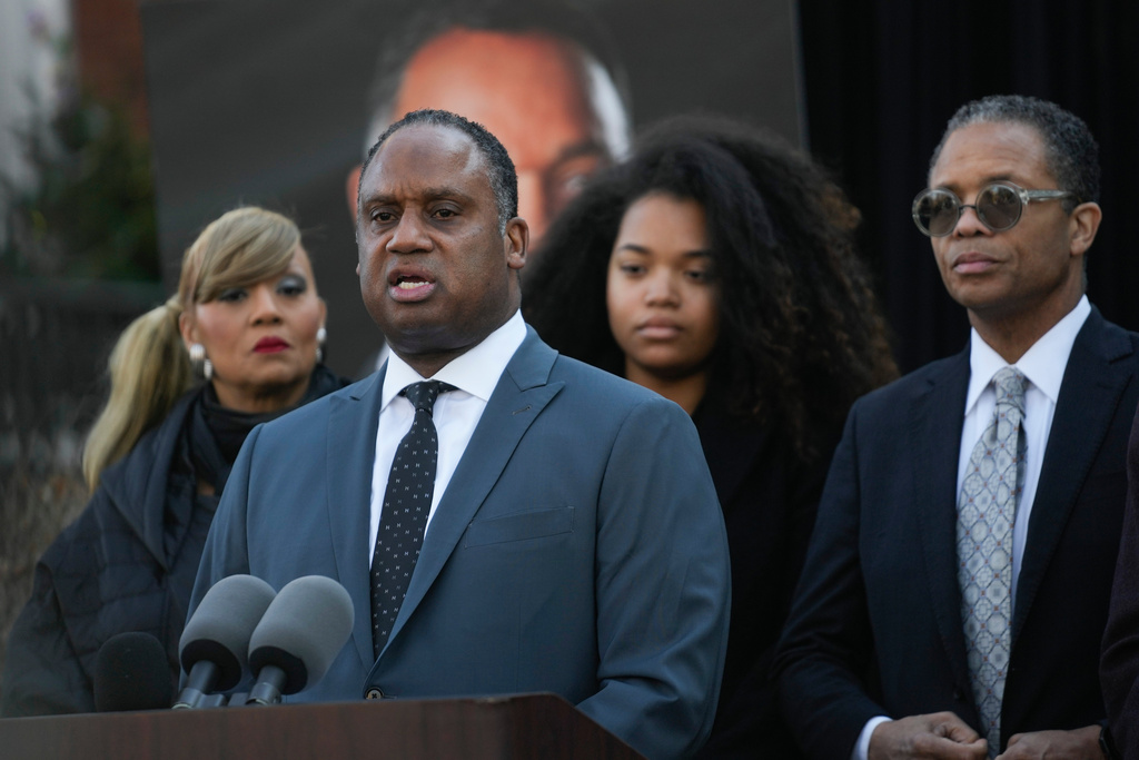 Congressman Jonathan Jackson speaks during a news conference regarding the death of his father, the Rev. Jesse Jackson, outside the family home Wednesday, Feb. 18, 2026, in Chicago. (AP Photo/Erin Hooley)