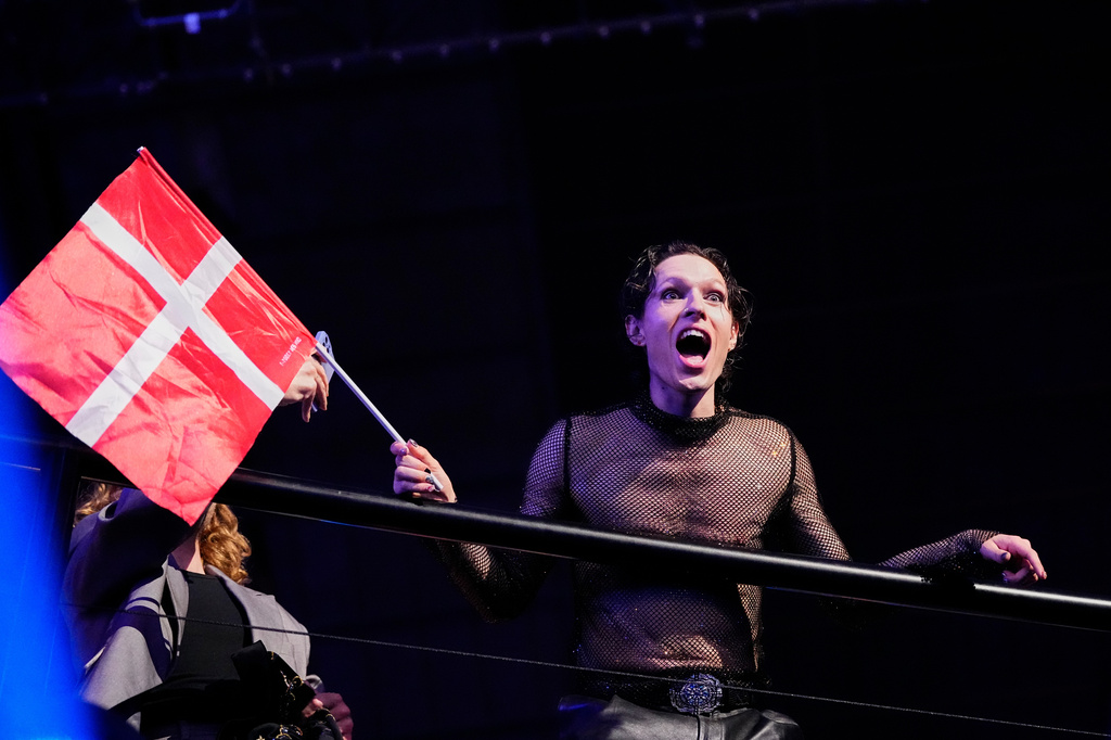 Soren Torpegaard Lund from Denmark who performed the song "For Vi Gar Hjem" reacts as votes are announced during the second semifinal of the 70th Eurovision Song Contest in Vienna, Austria, Thursday, May 14, 2026. (AP Photo/Martin Meissner)