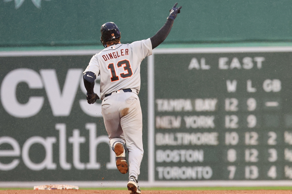 Detroit Tigers' Dillon Dingler gestures after hitting a home run during the fifth inning of a baseball game against the Boston Red Sox, Sunday, April 19, 2026, in Boston. (AP Photo/Mark Stockwell)