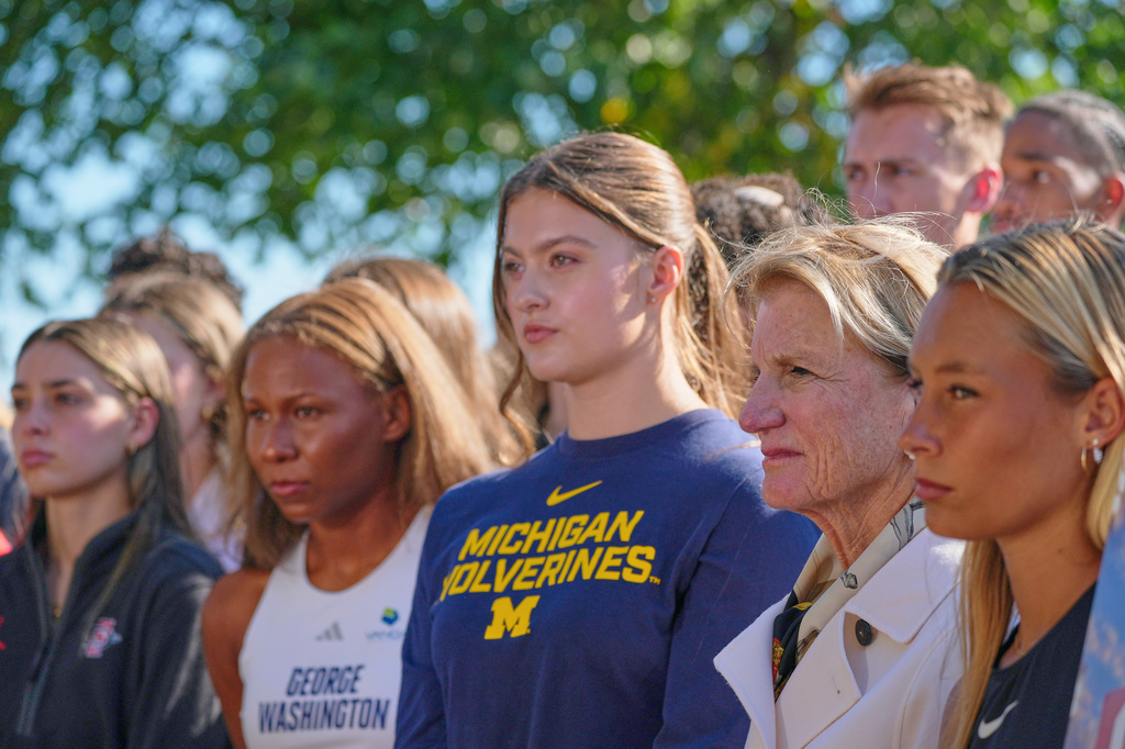 Sen. Shelley Moore Capito, R-W.Va., second from right, listens during a news conference on Capitol Hill, Monday, Sept. 14, 2026, in Washington. (AP Photo/Mariam Zuhaib)