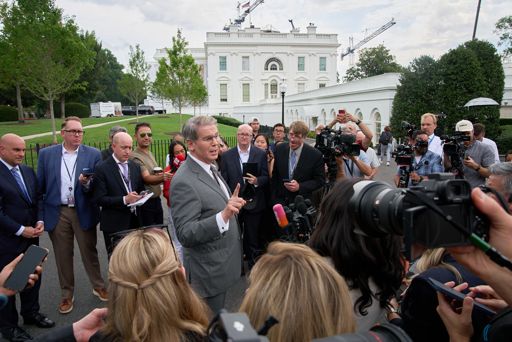 Treasury Secretary Scott Bessent speaks to members of the media outside the White House in Washington, Thursday, Aug. 20, 2026. (AP Photo/Jacquelyn Martin)