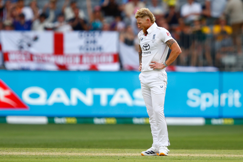 England's captain Ben Stokes reacts in the field on day two of the first Ashes cricket test match between Australia and England in Perth, Saturday, Nov. 22, 2025.(AP Photo/Gary Day)