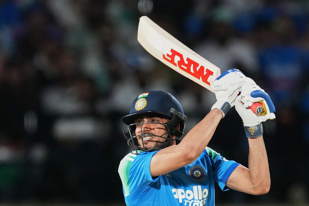 India's captain Shubman Gill plays a shot during the first ODI cricket match between Afghanistan and India in Dharamshala, India, Saturday, June 13, 2026. (AP Photo/Ashwini Bhatia)