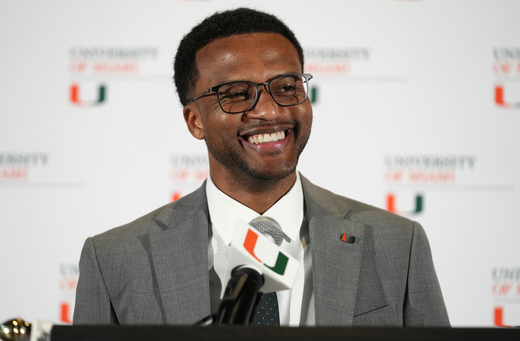 FILE - Jai Lucas speaks after being introduced as the new head coach for Miami's NCAA college basketball team, March 10, 2025, in Coral Gables, Fla. (AP Photo/Lynne Sladky, file)