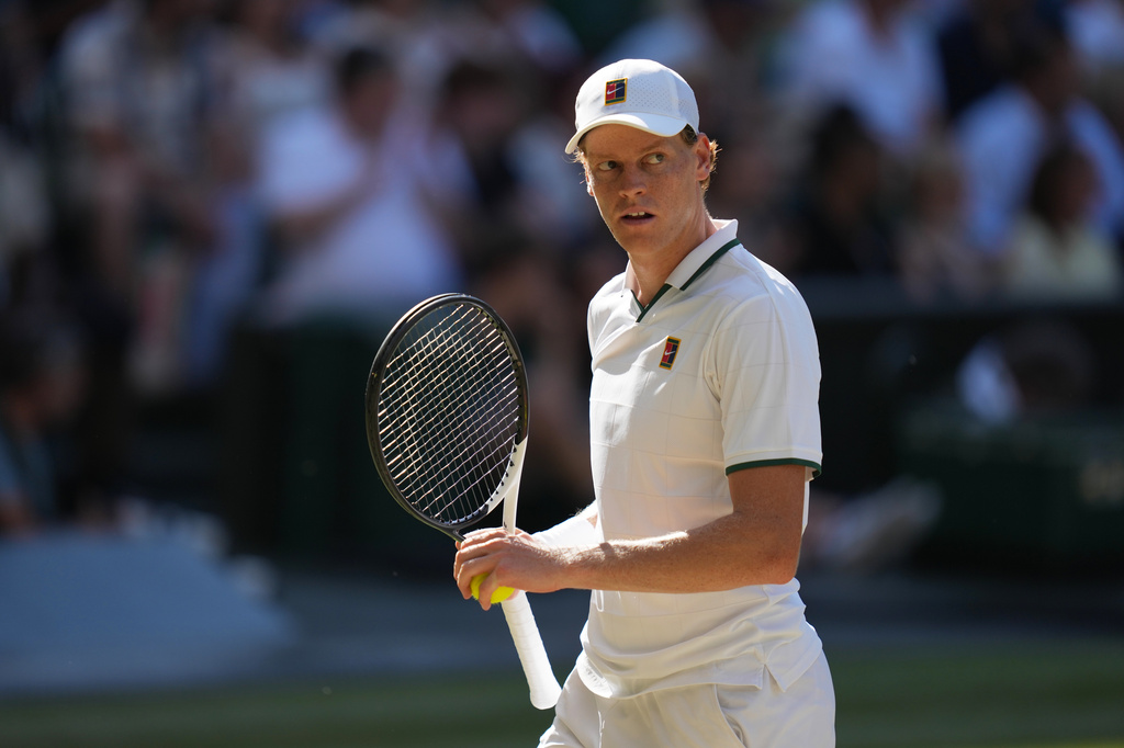 FILE - Jannik Sinner, of Italy, celebrates a point against Alexander Zverev, of Germany, in the men's singles final at Wimbledon Tennis Championships in London, July 12, 2026. (AP Photo/Kirsty Wigglesworth, File)