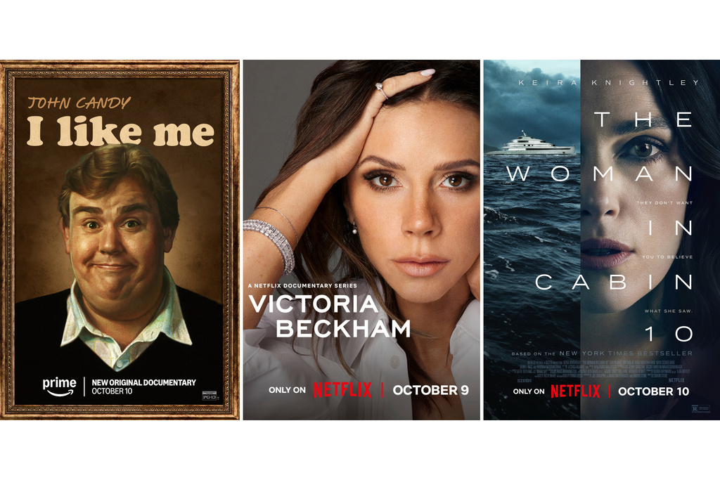 This combination of images shows promotional art for "John Candy: I Like Me," left, "Victoria Beckham," center, and "The Woman in Cabin 10." (Prime/Netflix/Netflix via AP)