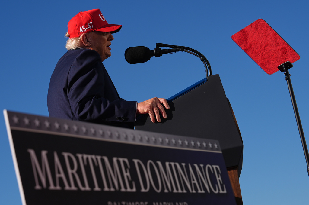 President Donald Trump speaks at an event for Anduril Industries, Inc., at Sparrows Point Shipyard, Tuesday, Oct. 6, 2026, in Sparrows Point, Md. (AP Photo/Julia Demaree Nikhinson)