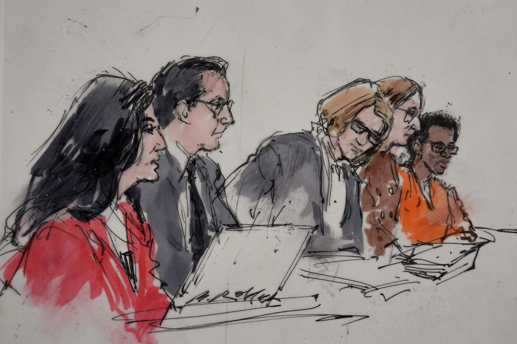 In this courtroom sketch, David Anthony Burke, also known as D4vd, far right, is seen in court Tuesday, July 21, 2026, in Los Angeles, during his trial for the killing of Celeste Rivas Hernandez. (Bill Robles via AP)