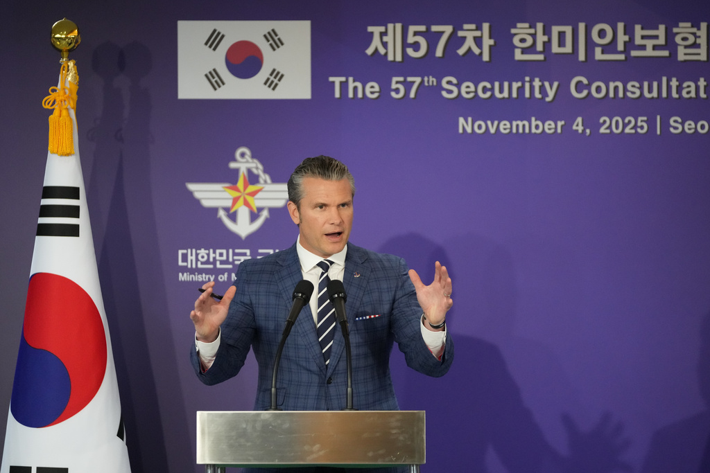 U.S. Defense Secretary Pete Hegseth speaks during a joint press conference with South Korean Defense Minister Ahn Gyu-back, following the 57th Security Consultative Meeting at the Defense Ministry in Seoul, South Korea, Tuesday, Nov. 4, 2025. (AP Photo/Lee Jin-man, Pool)