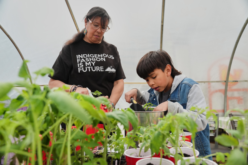 Dawn Spears, left, and her grandson, Giizhig, 9, right, prepare tomatoes for planting Tuesday, April 21, 2026, at a farm in Hopkinton, R.I. (AP Photo/Joshua A. Bickel)