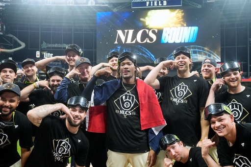 Milwaukee Brewers pitchers pose for a p[icture after Game 5 of baseball's National League Division Series against the Chicago Cubs Saturday, Oct. 11, 2025, in Milwaukee. (AP Photo/Morry Gash) Milwaukee Brewers pitchers pose for a p[icture after Game 5 of baseball's National League Division Series against the Chicago Cubs Saturday, Oct. 11, 2025, in Milwaukee. (AP Photo/Morry Gash)