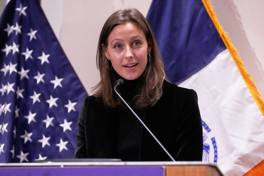 Elle Bisgaard-Church, appointed chief of staff by mayor-elect Zohran Mamdani, speaks during a news conference in New York, Monday, Nov. 10, 2025. (AP Photo/Richard Drew)