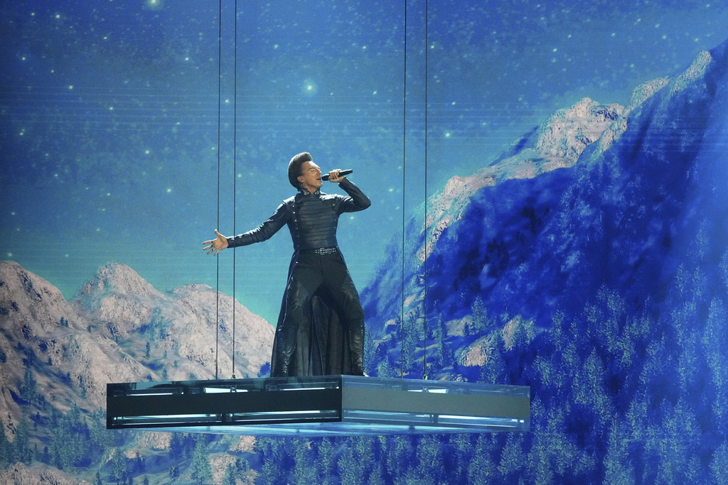 Serbia's Slobodan Trkulja performs the song "Three Little Roses" at the International Music Competition "Intervision" at the Live Arena outside Moscow, Russia, Saturday, Sept. 20, 2025. (AP Photo/Alexander Zemlianichenko)