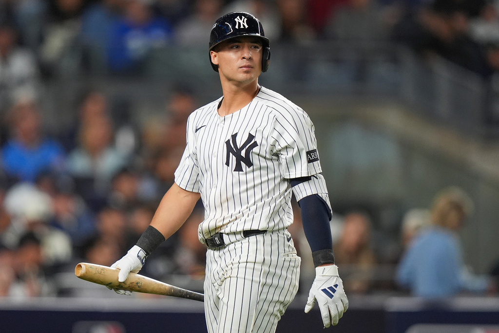 New York Yankees Anthony Volpe reacts after striking out with two men on base to end the sixth inning of Game 2 of an American League wild-card baseball playoff series against the Boston Red Sox, Wednesday, Oct. 1, 2025, in New York. (AP Photo/Frank Franklin II)