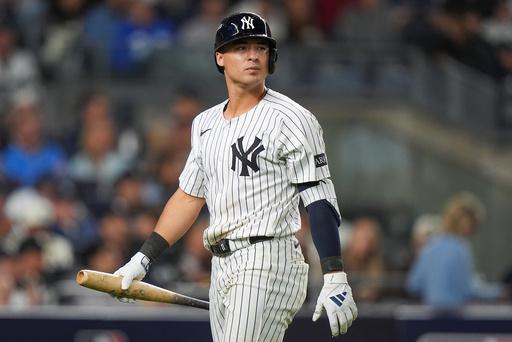 New York Yankees Anthony Volpe reacts after striking out with two men on base to end the sixth inning of Game 2 of an American League wild-card baseball playoff series against the Boston Red Sox, Wednesday, Oct. 1, 2025, in New York. (AP Photo/Frank Franklin II) New York Yankees Anthony Volpe reacts after striking out with two men on base to end the sixth inning of Game 2 of an American League wild-card baseball playoff series against the Boston Red Sox, Wednesday, Oct. 1, 2025, in New York. (AP Photo/Frank Franklin II)
