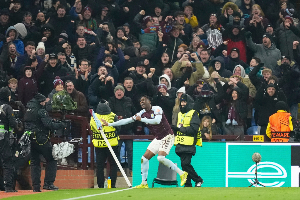 Aston Villa's Jamaldeen Jimoh-Aloba celebrates scoring during the Europa League opening phase soccer match between Aston Villa and RB Salzburg in Birmingham, England, Thursday Jan. 29, 2026. (Nick Potts/PA via AP)