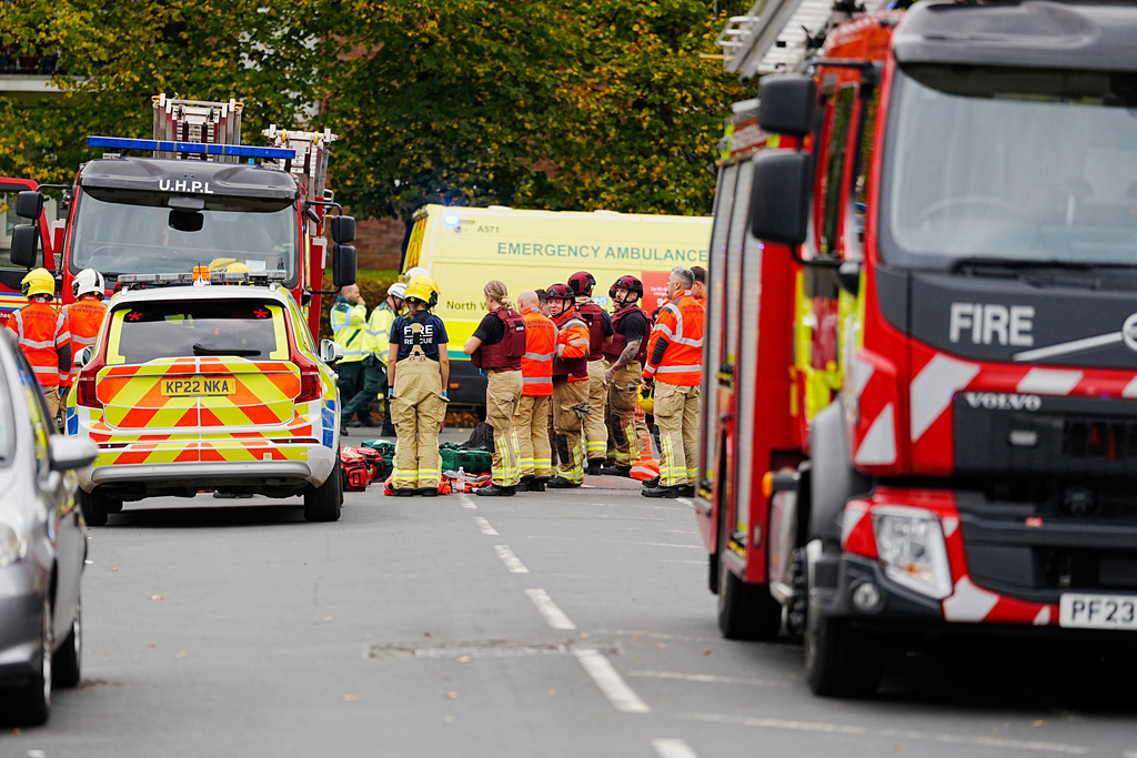 Emergency services at the scene of a stabbing at Heaton Park Hebrew Congregation synagogue, in Crumpsall, Manchester, England, Thursday Oct. 2, 2025. (Peter Byrne/PA via AP)