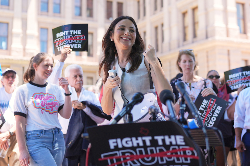 FILE - Texas state Rep Gina Hinojosa speaks during a rally to protest against redistricting hearings at the Texas Capitol, July 24, 2025, in Austin, Texas. (AP Photo/Eric Gay, File)