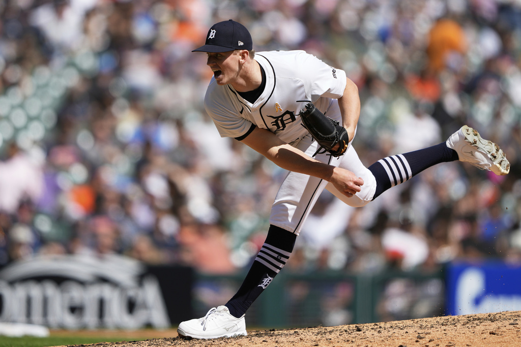 Detroit Tigers relief pitcher Troy Melton follows through during the fifth inning of a baseball game against the Chicago White Sox, Sunday, Sept. 7, 2025, in Detroit. (AP Photo/Ryan Sun)