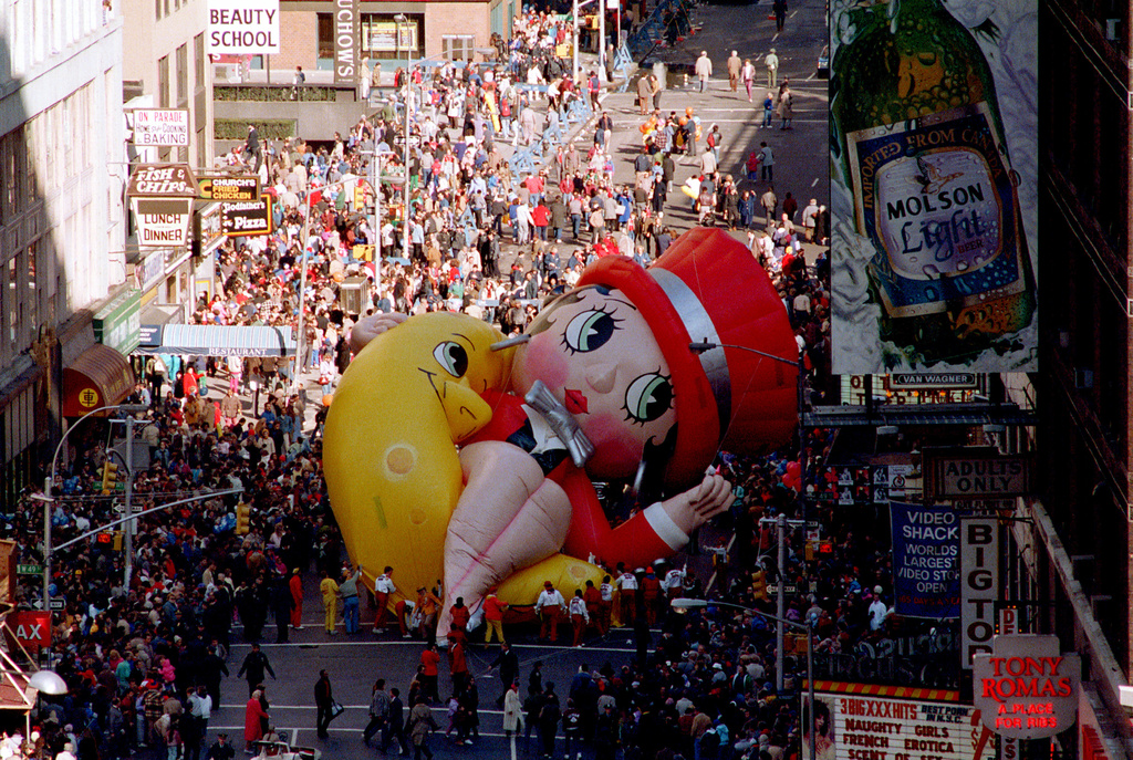 FILE - Betty Boop collapses on Broadway near 49th Street as handlers work to raise the deflated helium balloon during the Macy's Thanksgiving Day Parade in New York. (AP Photo/Ron Frehm, File)